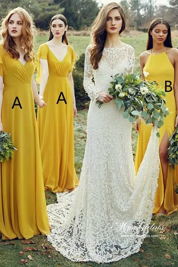 Yellow Chiffon A-line Modest Bridesmaid Dresses, Wedding Party Dress, MBD192