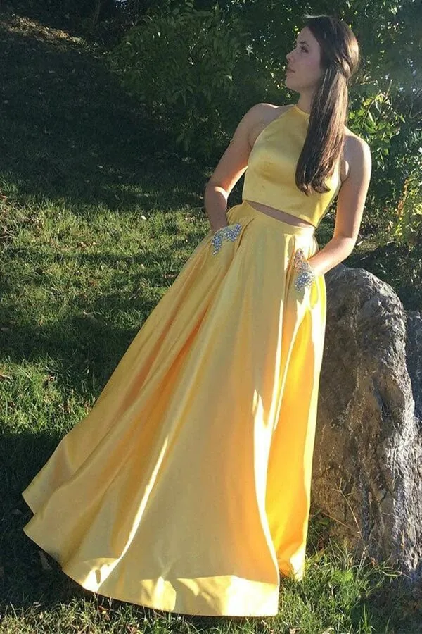 Yellow Satin Two Piece Halter Neck Beaded Long Prom Dress With Pocket, MP791