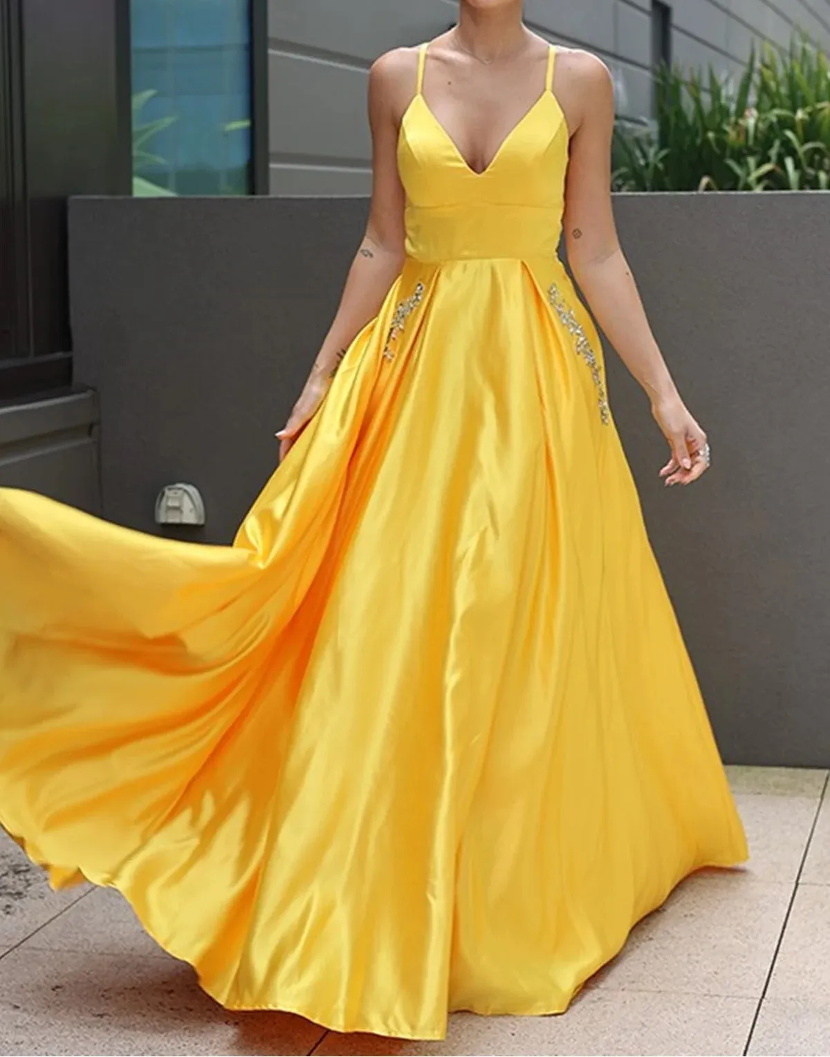 Yellow Spaghetti Straps A Line V Neck Prom Dresses