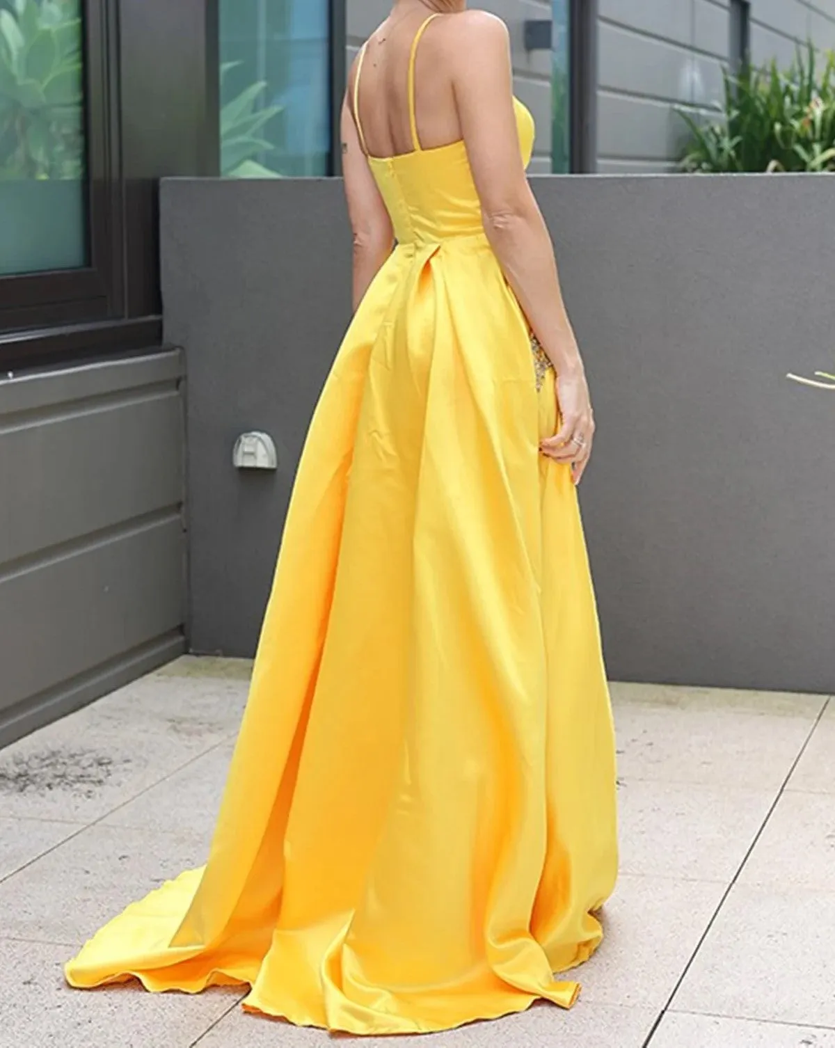 Yellow Spaghetti Straps A Line V Neck Prom Dresses