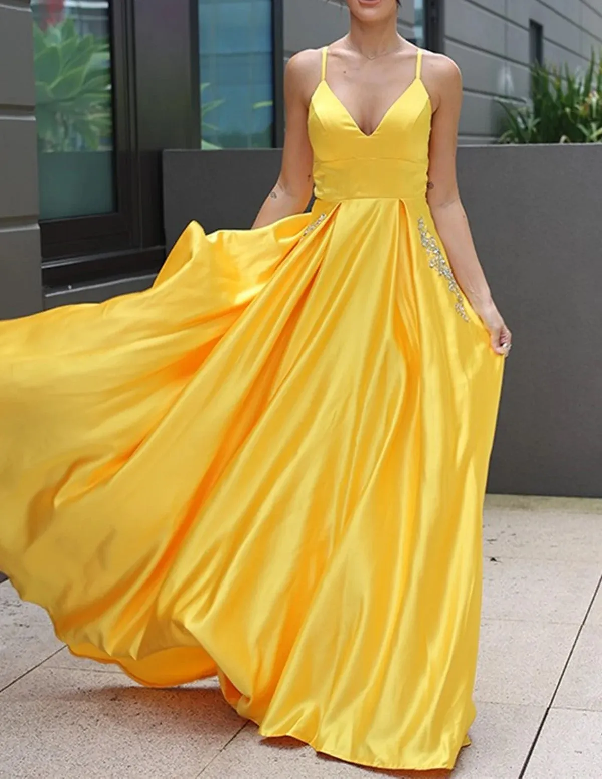Yellow Spaghetti Straps A Line V Neck Prom Dresses
