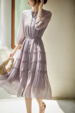 Yvonne Three Quarter Sleeve Button Down Waist Belted Silk Dress