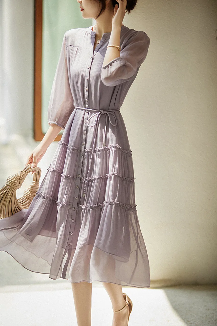 Yvonne Three Quarter Sleeve Button Down Waist Belted Silk Dress