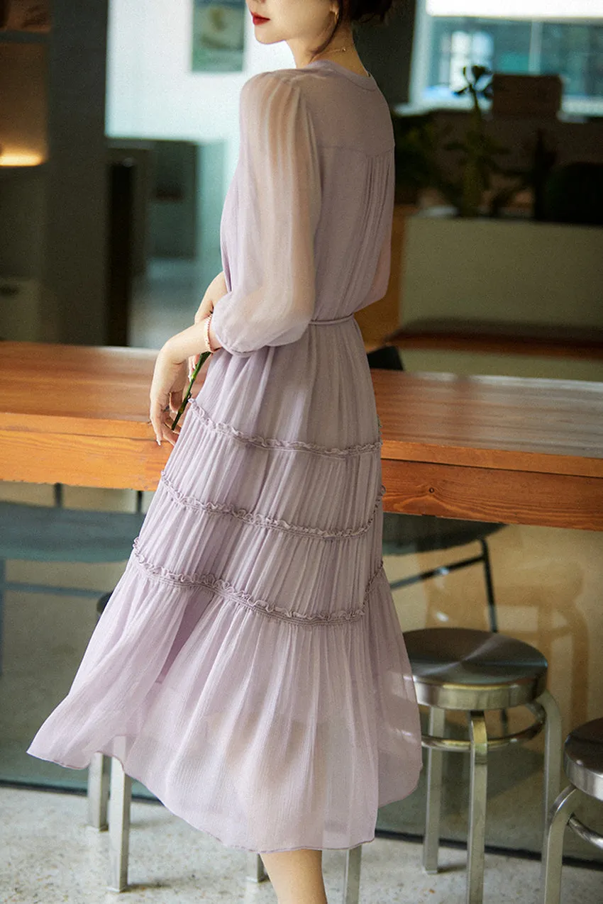 Yvonne Three Quarter Sleeve Button Down Waist Belted Silk Dress