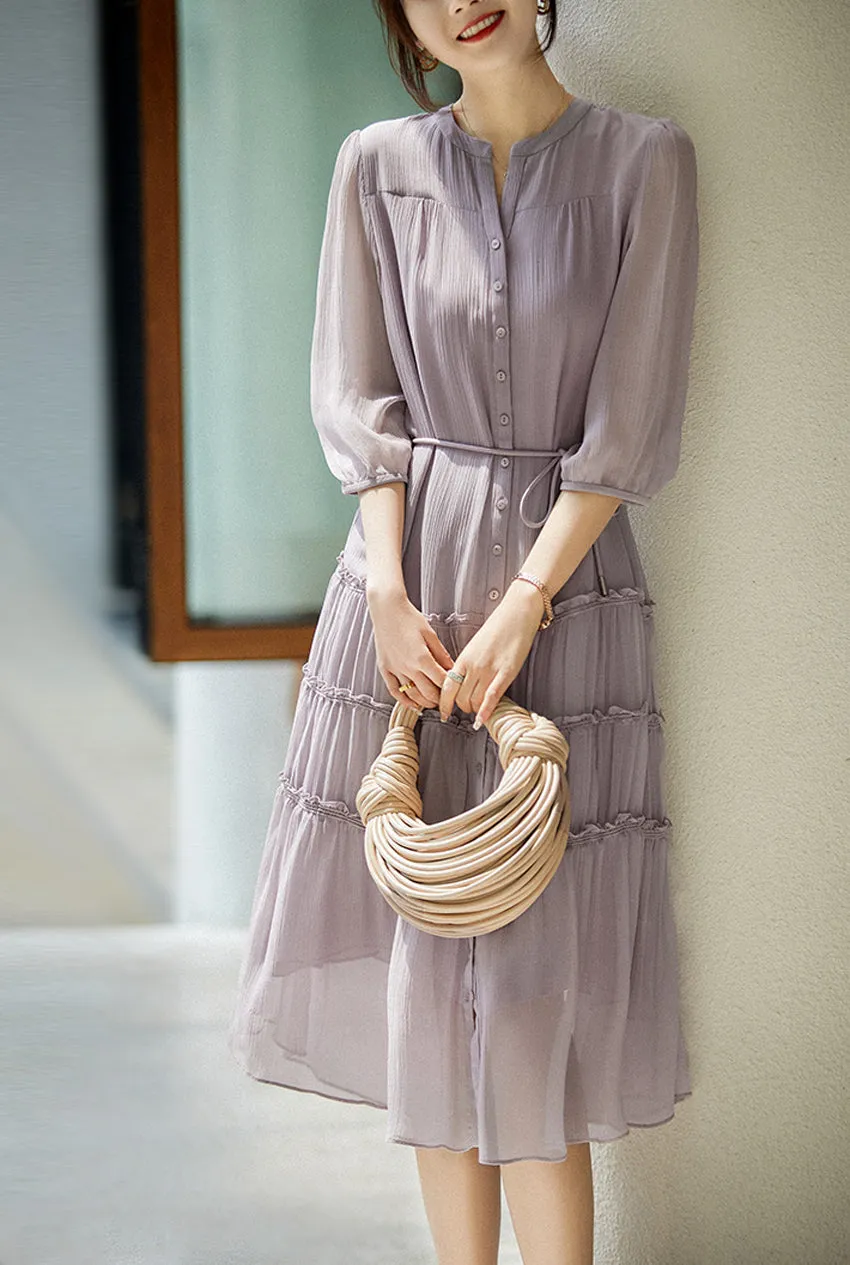 Yvonne Three Quarter Sleeve Button Down Waist Belted Silk Dress