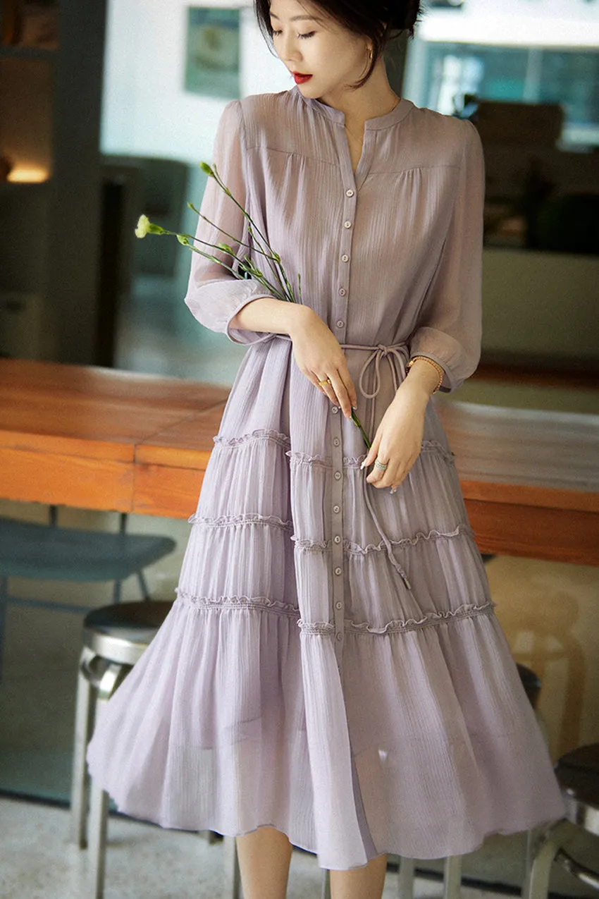 Yvonne Three Quarter Sleeve Button Down Waist Belted Silk Dress