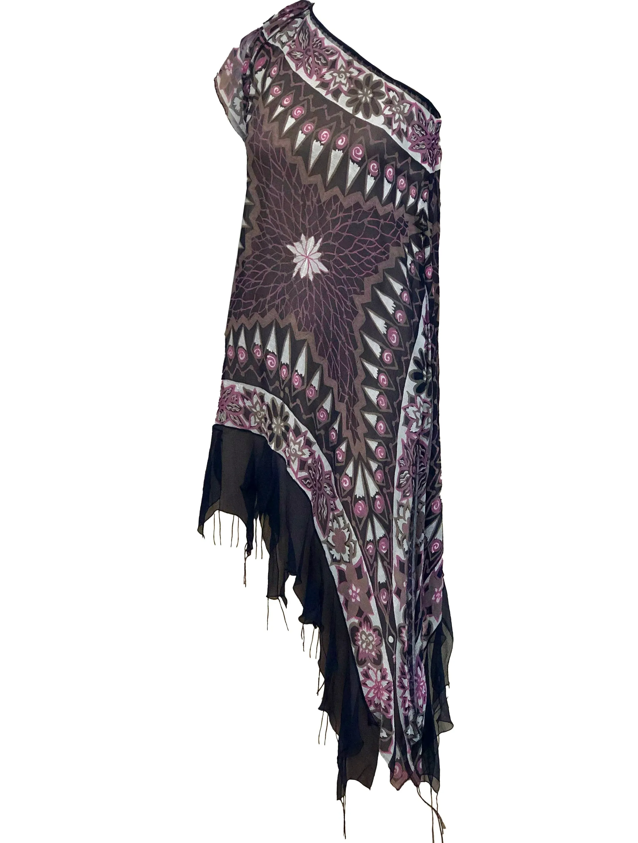 Zandra Rhodes 80s One Shoulder Chiffon Silk Screen Dress