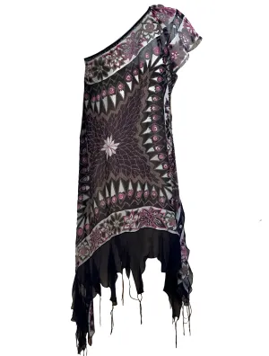 Zandra Rhodes 80s One Shoulder Chiffon Silk Screen Dress