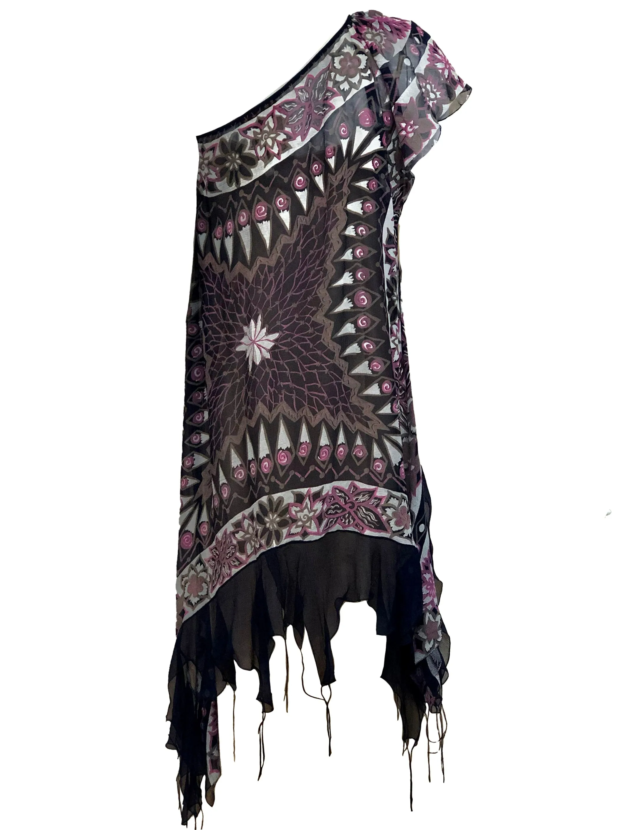 Zandra Rhodes 80s One Shoulder Chiffon Silk Screen Dress
