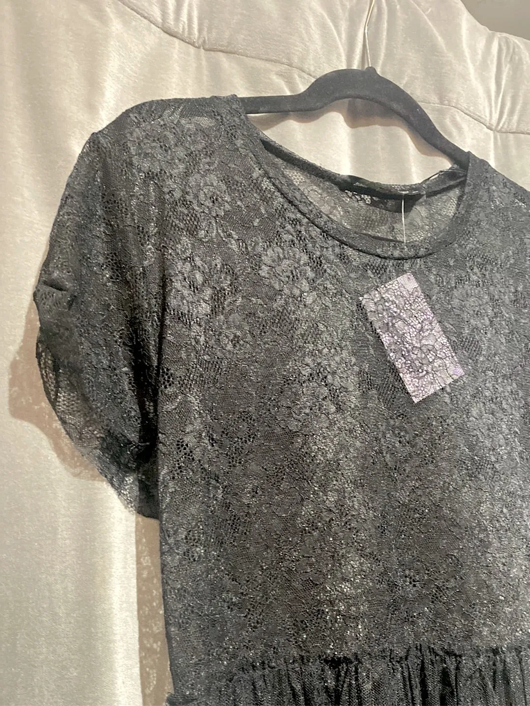 Zara Basic Lace Crew Neck Sheer Short Sleeve Dress