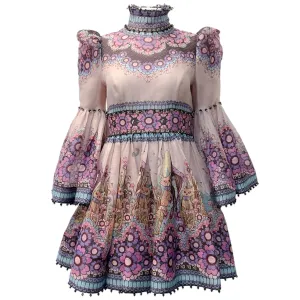 Zimmermann Pink Multi Celestial Printed Puffed Bell Sleeve Mini Dress